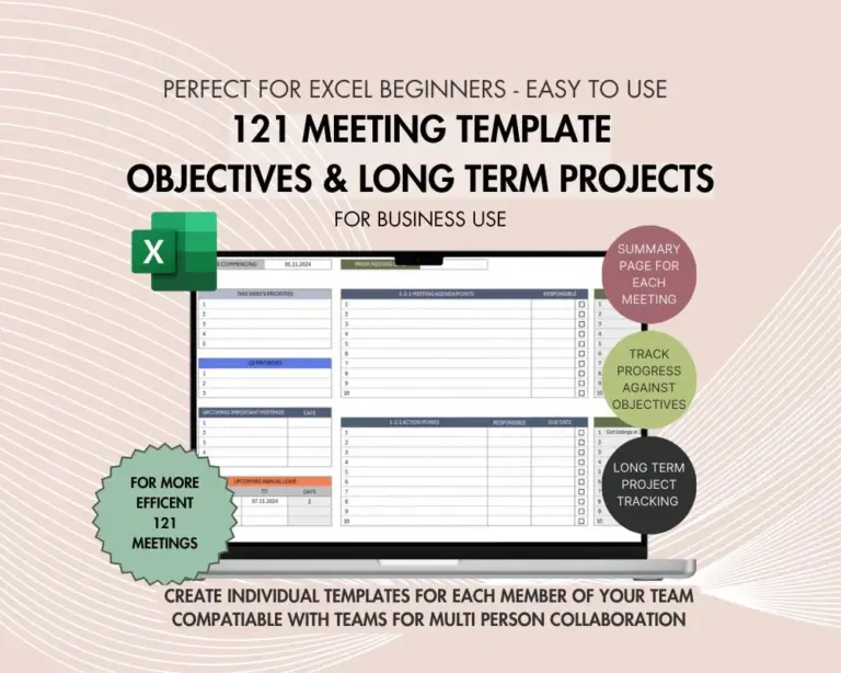 121 Meeting Template Including Annual Objectives And Long Term Project Tracker Agenda Minutes Actions 1 Page Per Meeting Excel Doc Etsy