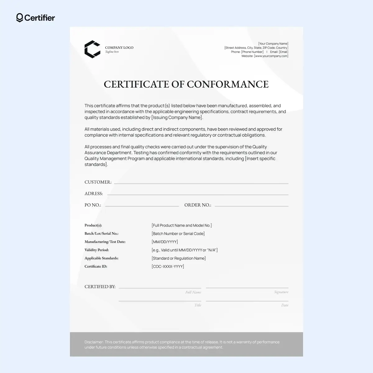 15 Certificate Of Conformance Templates To Customize