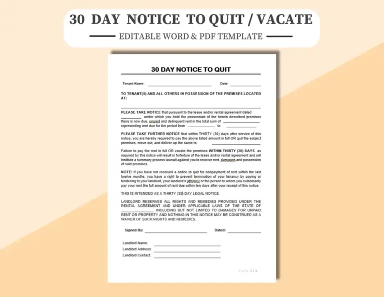 30 day Notice To Quit Template Editable Tenant Vacate Form PDF Word Etsy