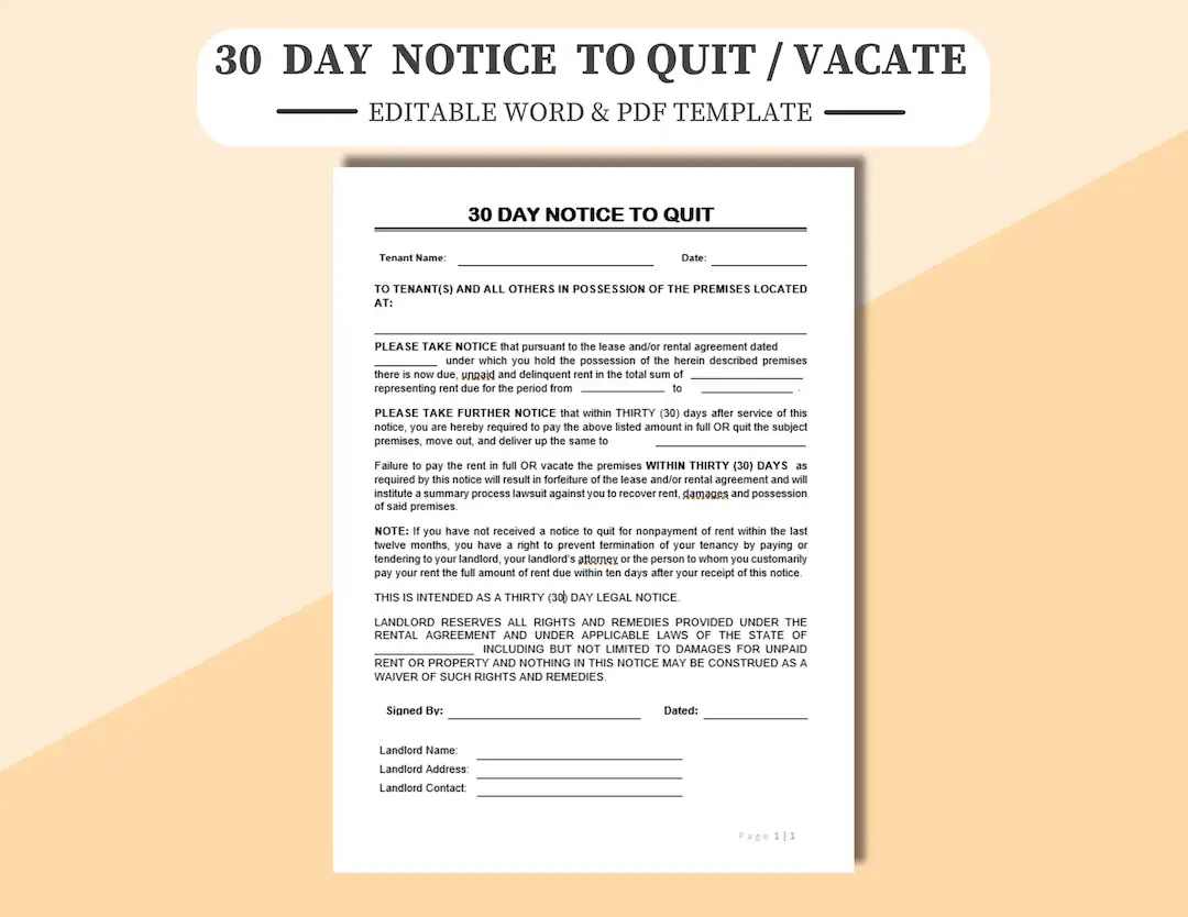 30 day Notice To Quit Template Editable Tenant Vacate Form PDF Word Etsy