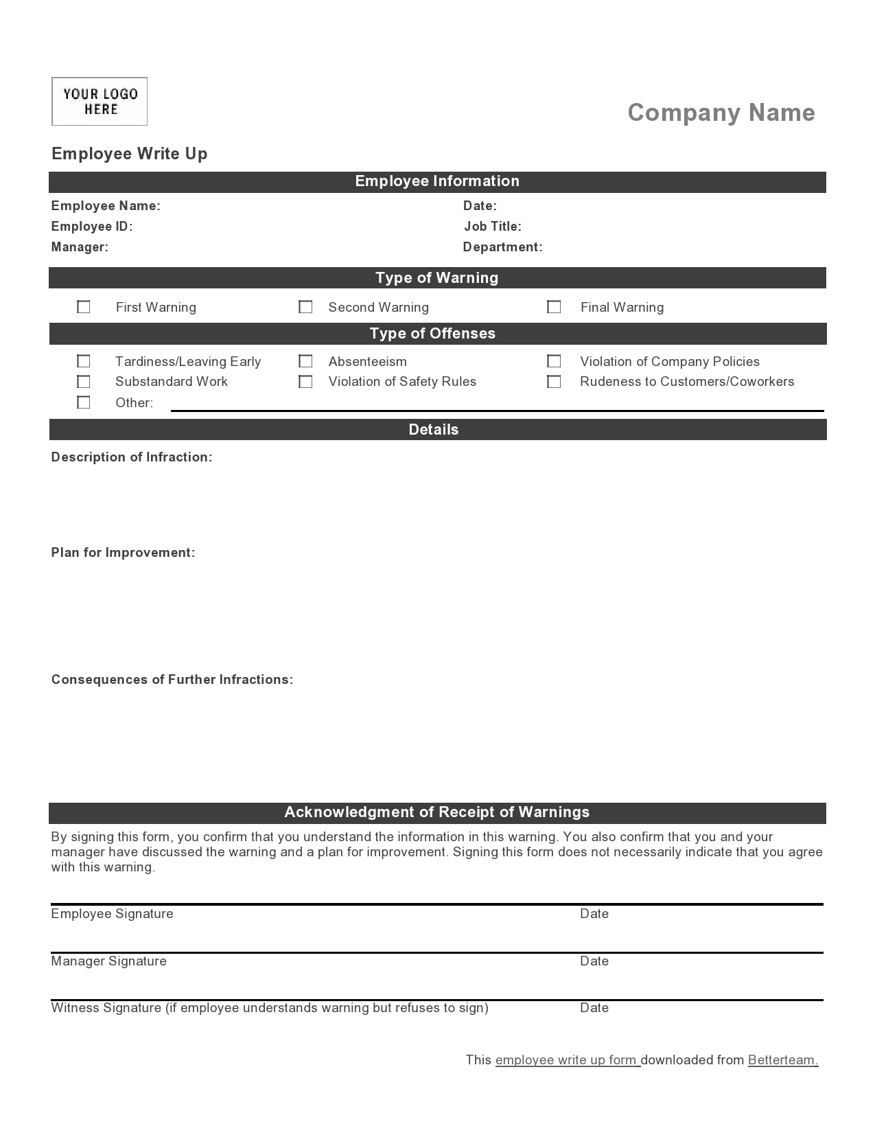 30 Effective Employee Write Up Forms Free Download