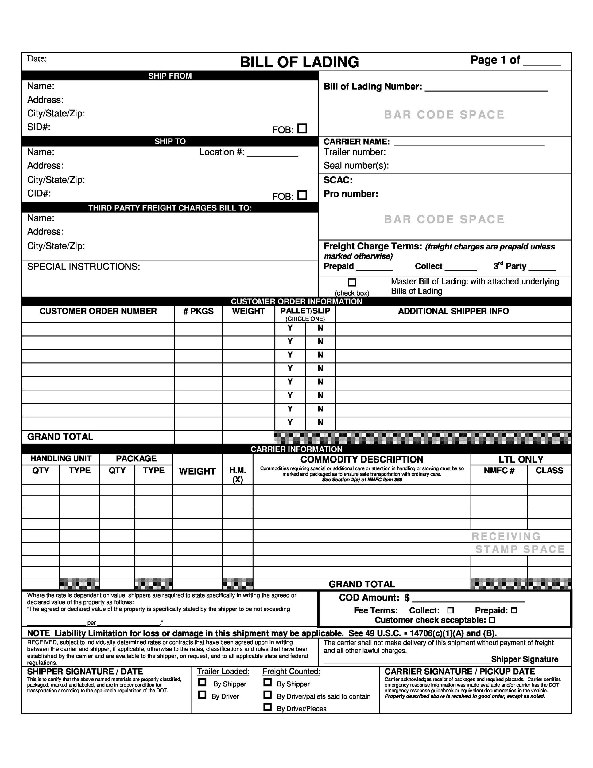 40 Free Bill Of Lading Forms Templates TemplateLab