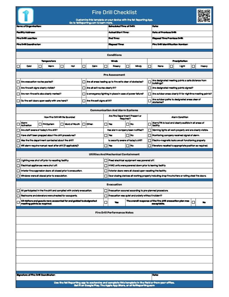A Fire Drill Checklist Mobile Ready 1st Reporting