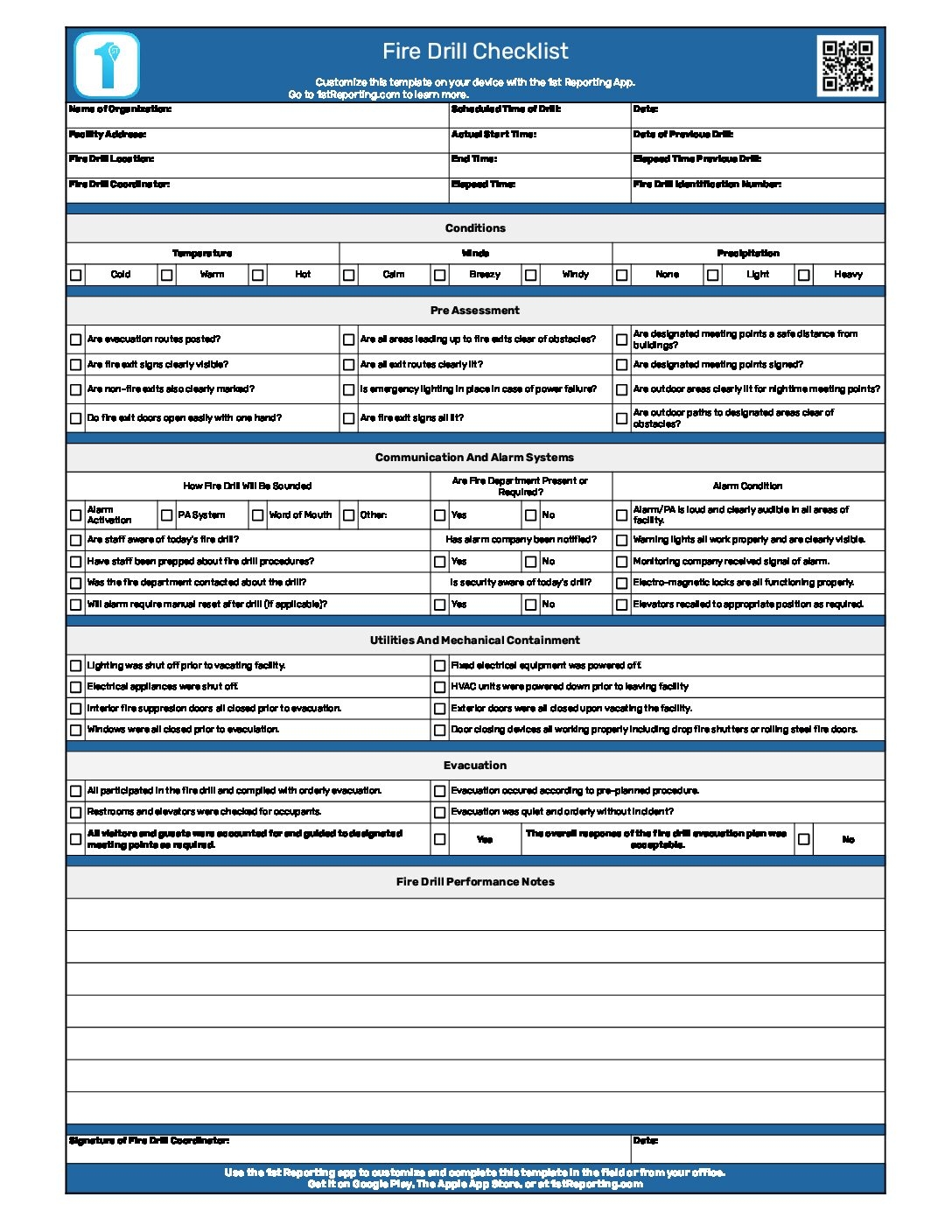 A Fire Drill Checklist Mobile Ready 1st Reporting