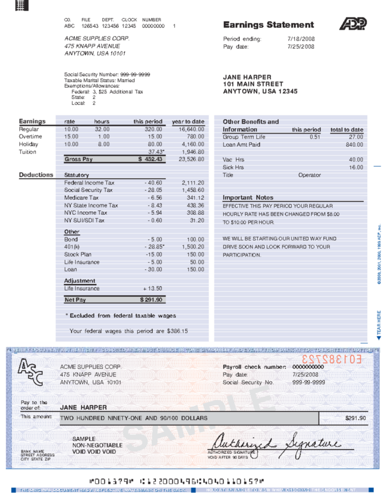 ADP Pay Stub Template Sample Earnings Statement Details Studocu