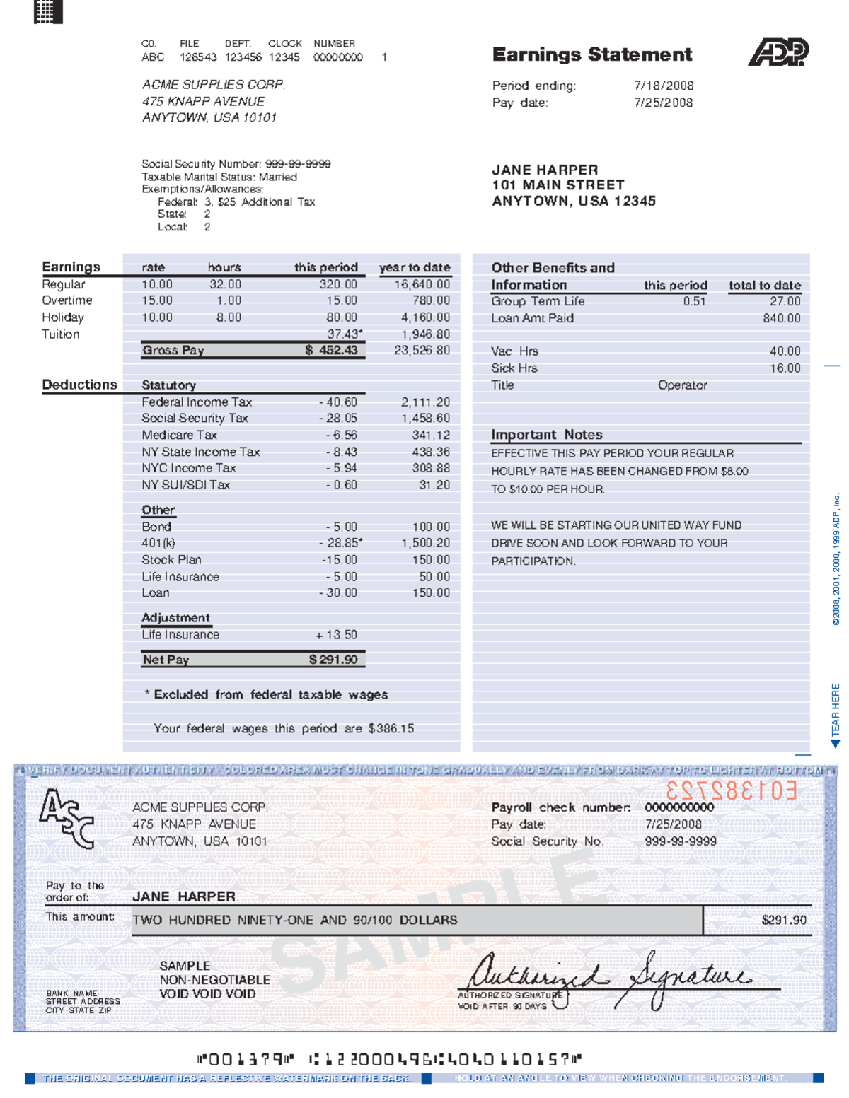 ADP Pay Stub Template Sample Earnings Statement Details Studocu