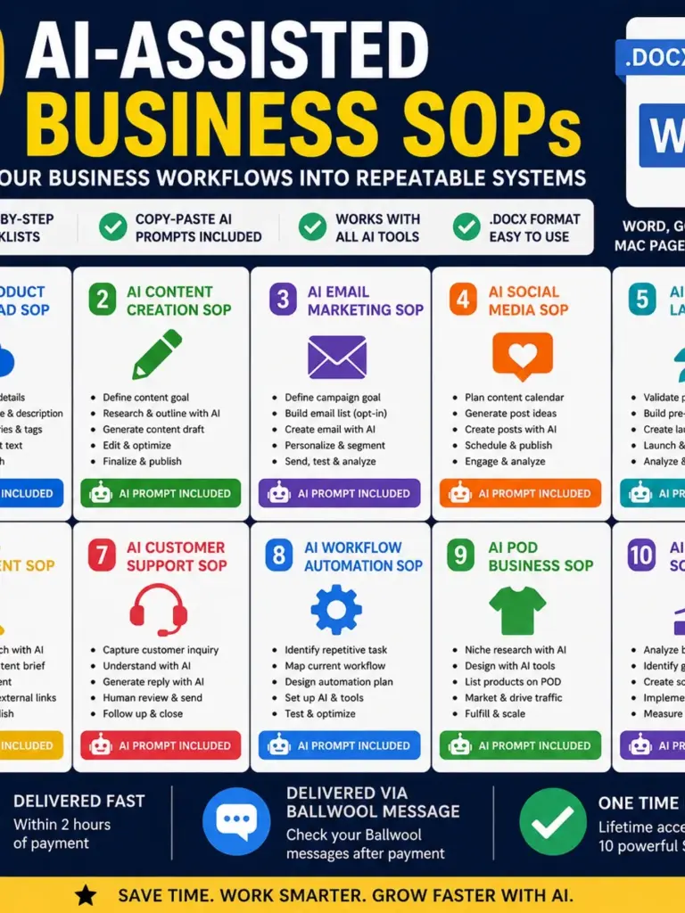 AI Business SOP Pack 10 Standard Operating Procedures With AI Prompts Ecommerce Workflow Templates