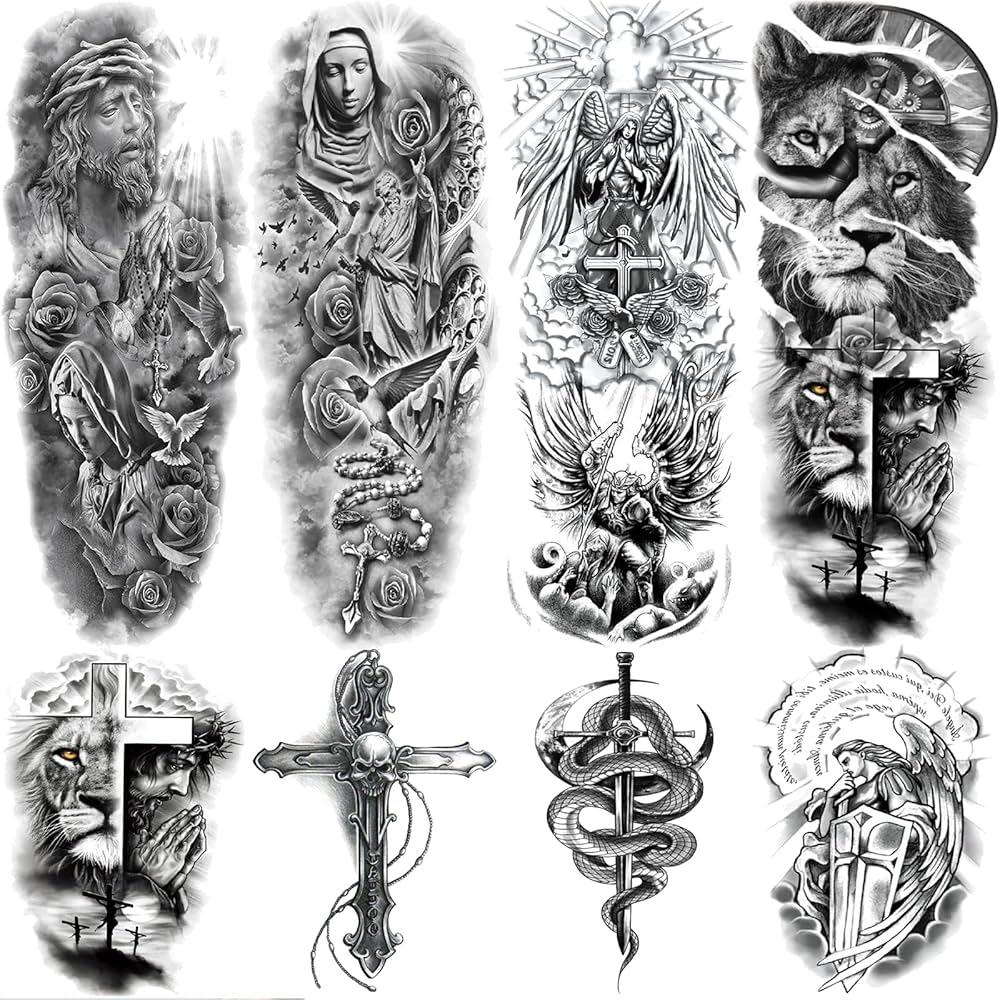 Amazon Christian Cross Temporary Tattoo Sleeve For Men 4 Sheet Full Arm Large Religious God Jesus Fake Tattoo Sleeve Women Adult And 4 Sheet Realistic Lion Cross Christ Pray Half Temp Tatoo Sticker