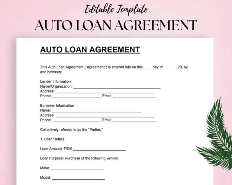Auto Loan Agreement Template Editable DOC PDF digital Download Etsy