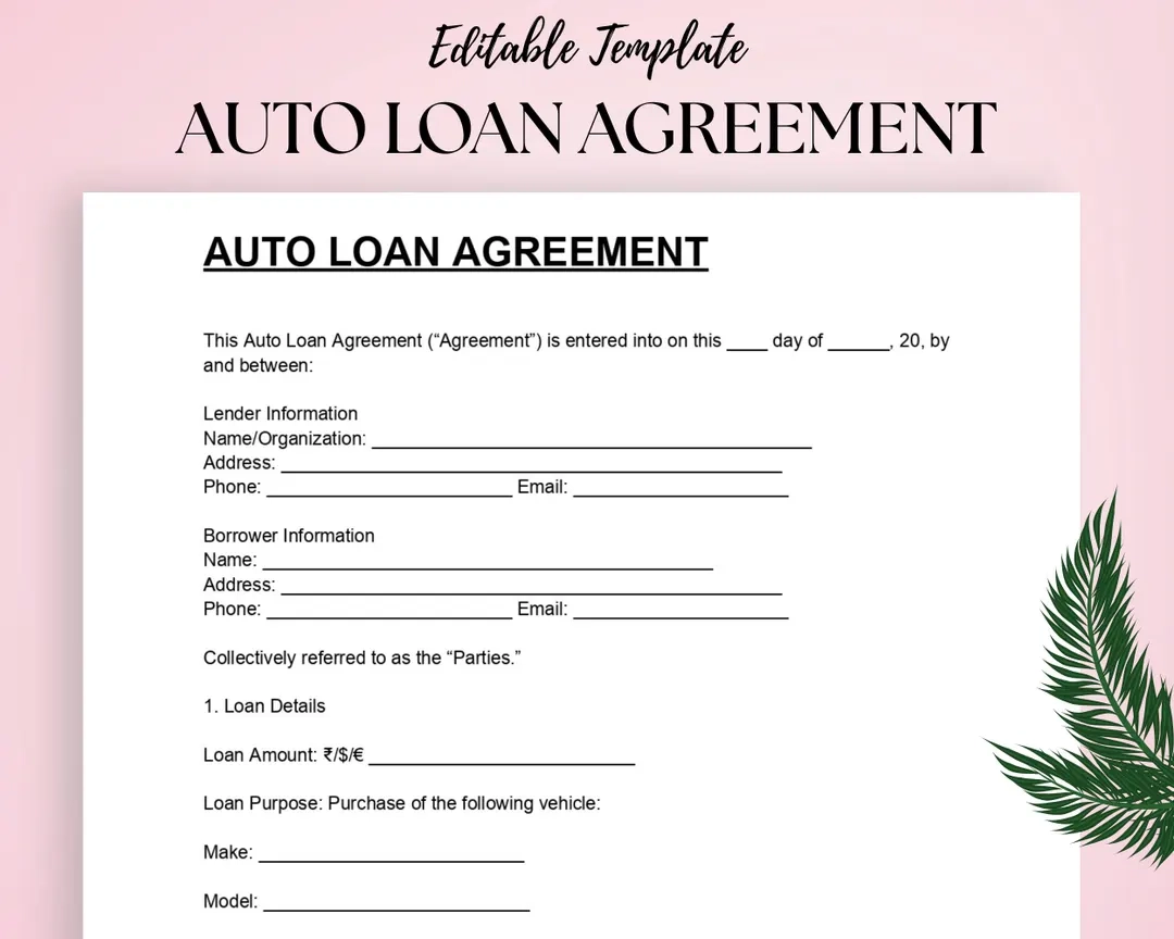 Auto Loan Agreement Template Editable DOC PDF digital Download Etsy