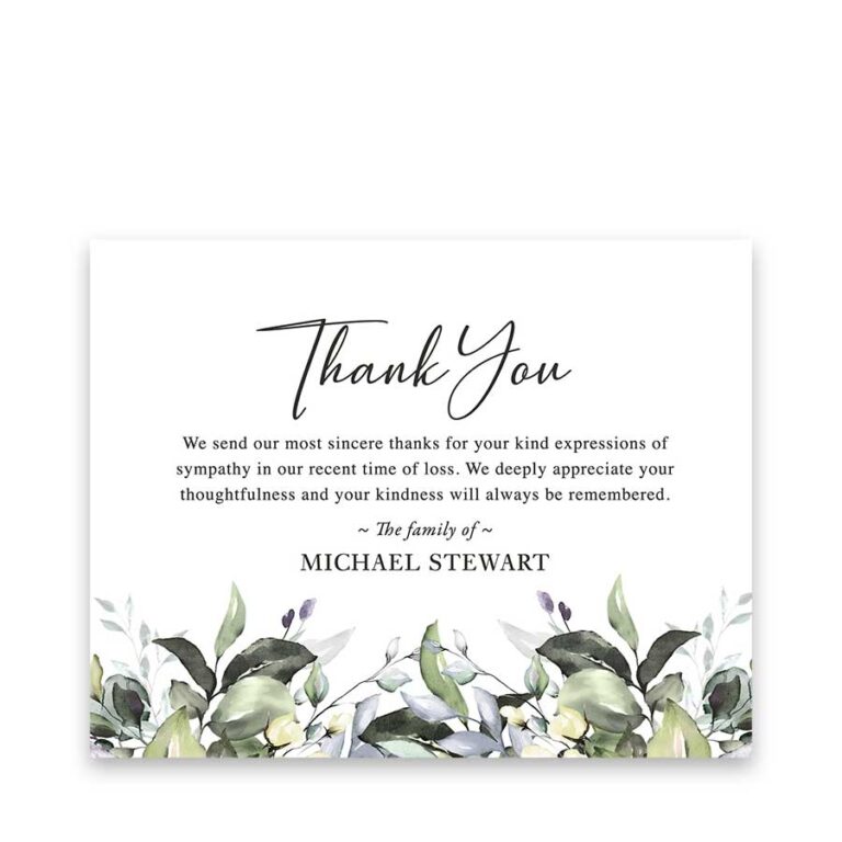 Bereavement Funeral Thank You Card Customized With Your Wording