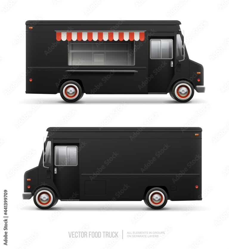 Black Food Truck Vector Template For Mock Up For Brand Identity Cargo Truck Realistic Delivery Service Vehicle Isolated On Grey Background For Advertising Design Food Truck With Blank Sign Stock Vector 