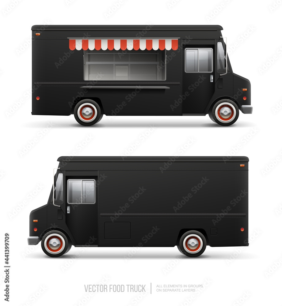 Black Food Truck Vector Template For Mock Up For Brand Identity Cargo Truck Realistic Delivery Service Vehicle Isolated On Grey Background For Advertising Design Food Truck With Blank Sign Stock Vector