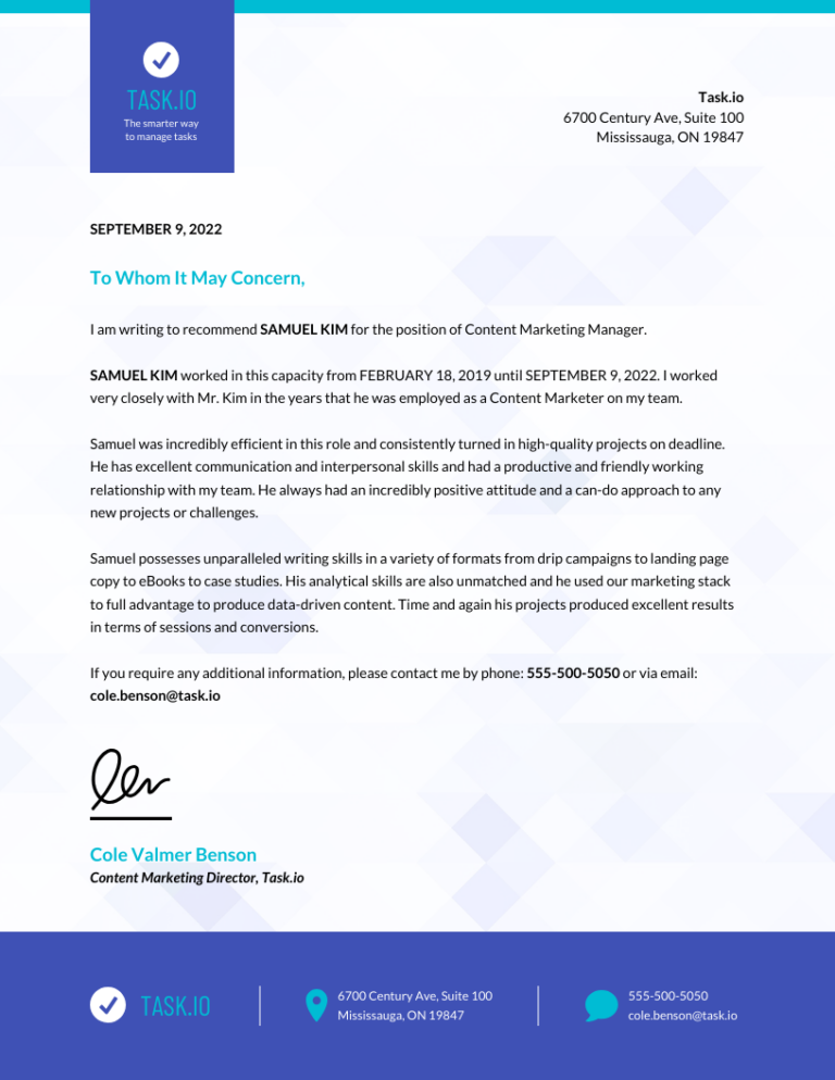 Business Employee Recommendation Letter Venngage