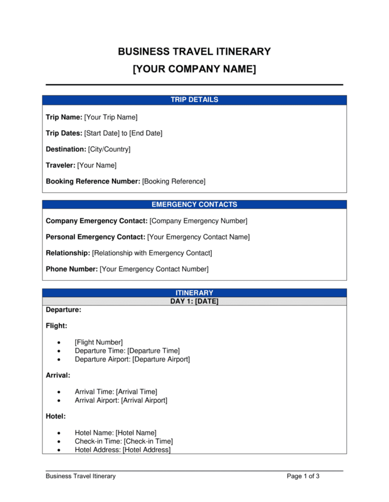 Business Travel Itinerary Template Free Word 