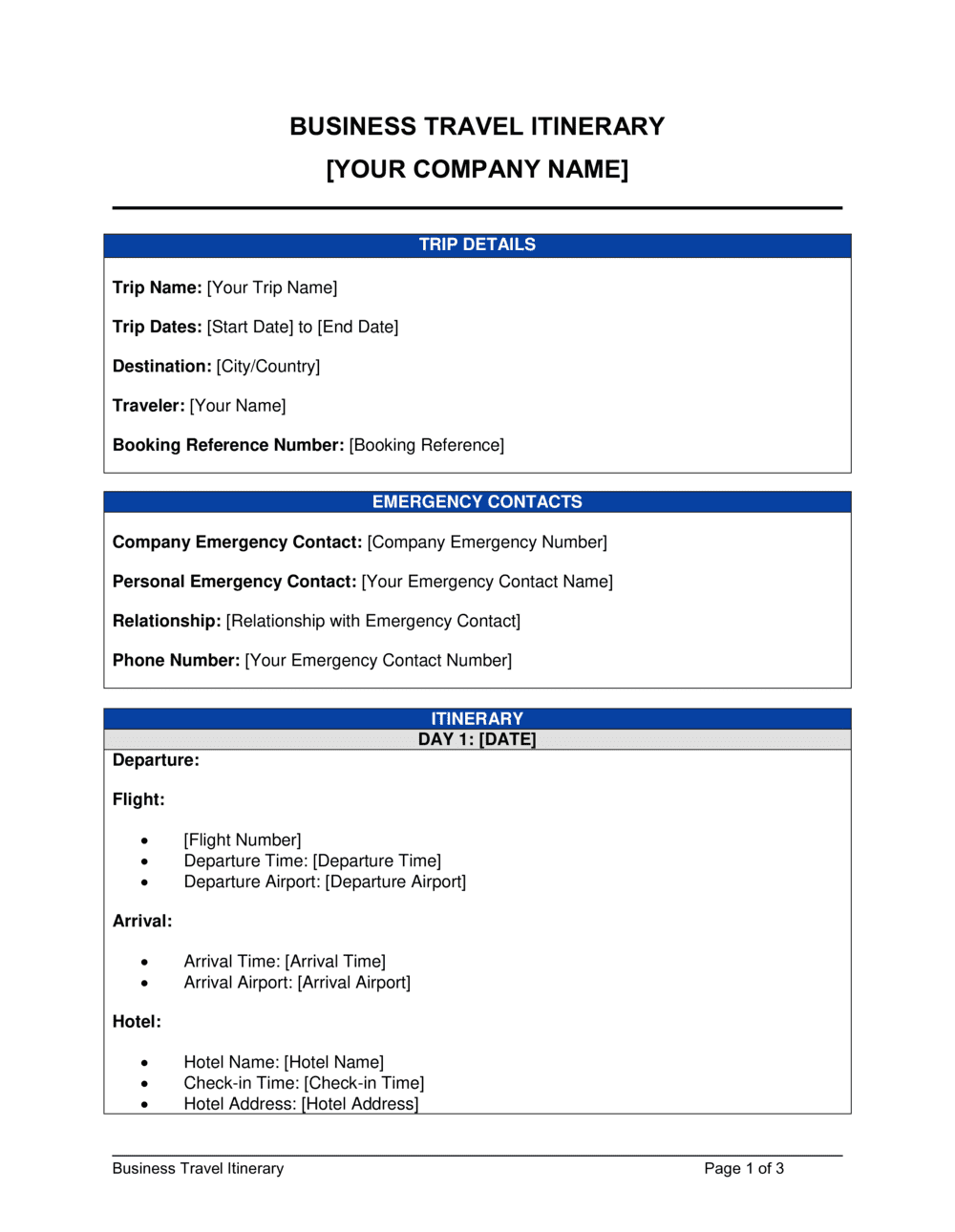 Business Travel Itinerary Template Free Word