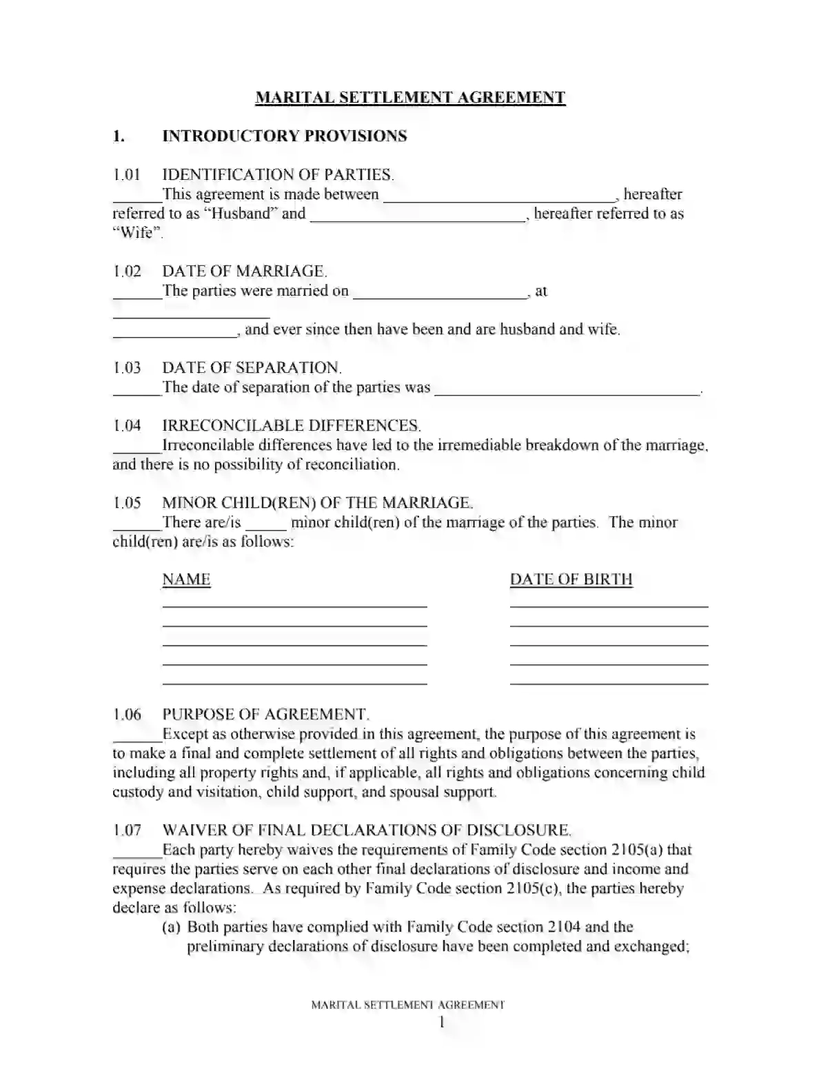 California Divorce Marital Settlement Agreement Form PDF