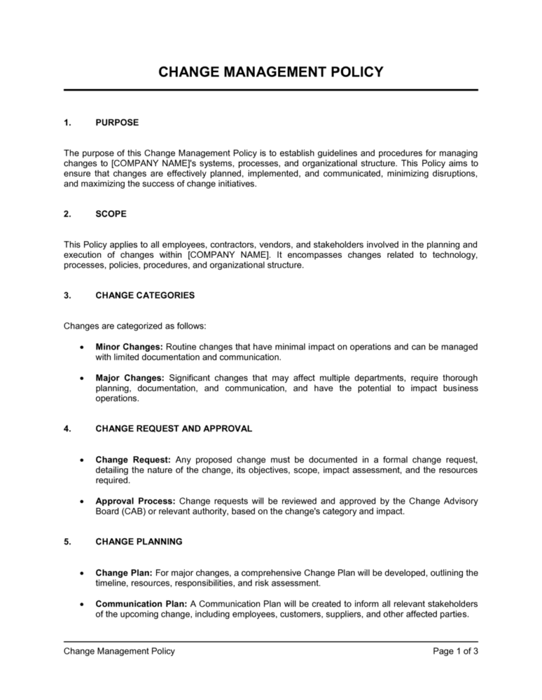 Change Management Policy Template Free Word 