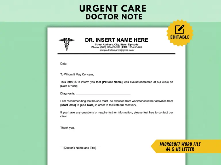 Editable Doctor Note Template Urgent Care Excuse MS Word File Etsy