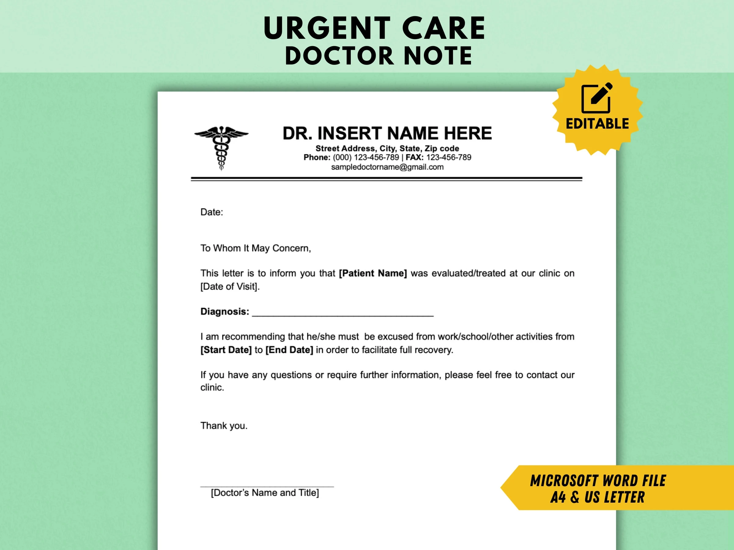 Editable Doctor Note Template Urgent Care Excuse MS Word File Etsy