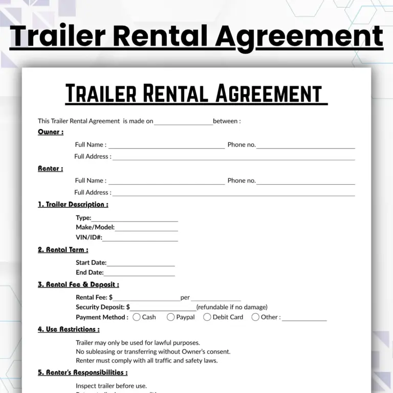 Editable Trailer Rental Agreement Template Single Page Trailer Rental Contract Form Printable Trailer Lease Contract Commercial Lease Etsy