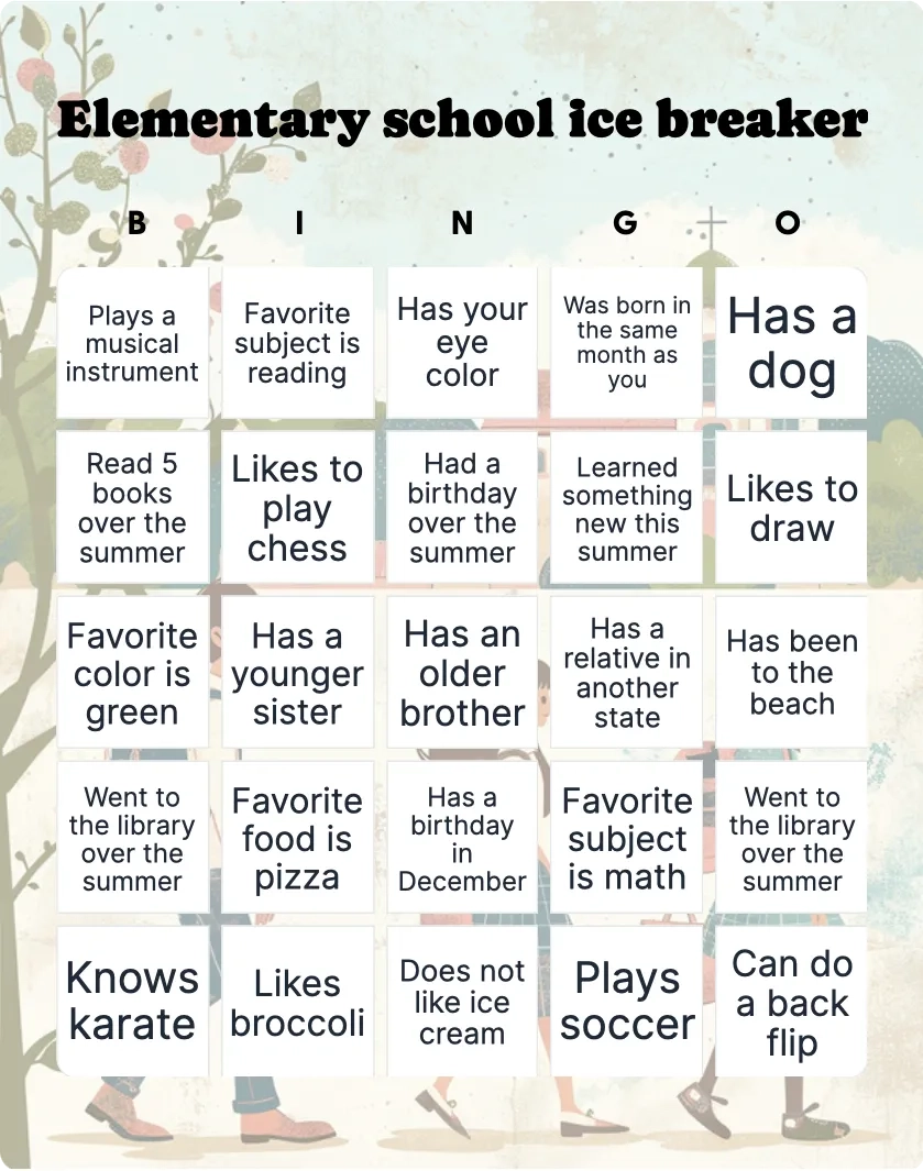 Elementary School Ice Breaker Bingo Printable Customizable Bingo Card Creator