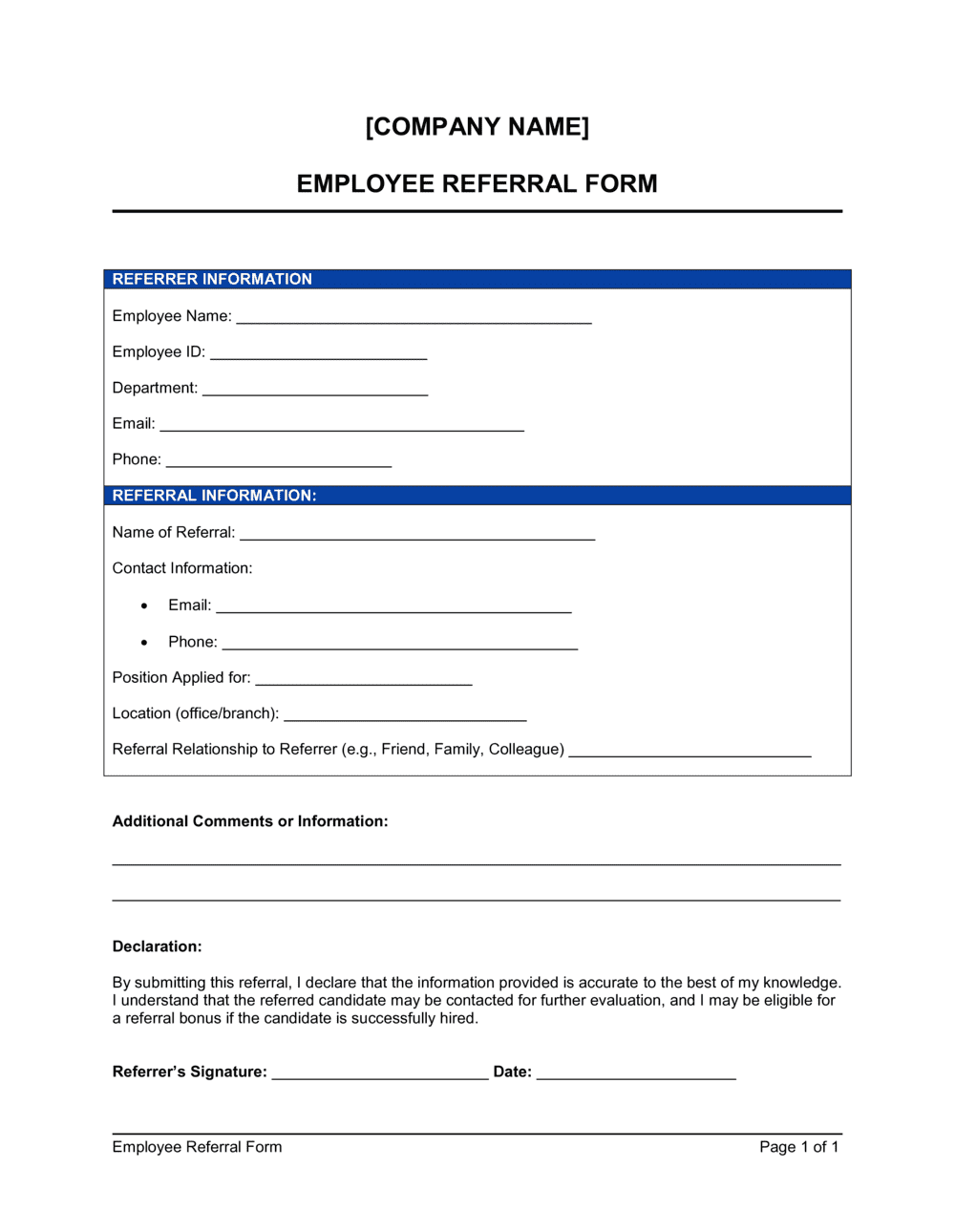 Employee Referral Form Template Free Word