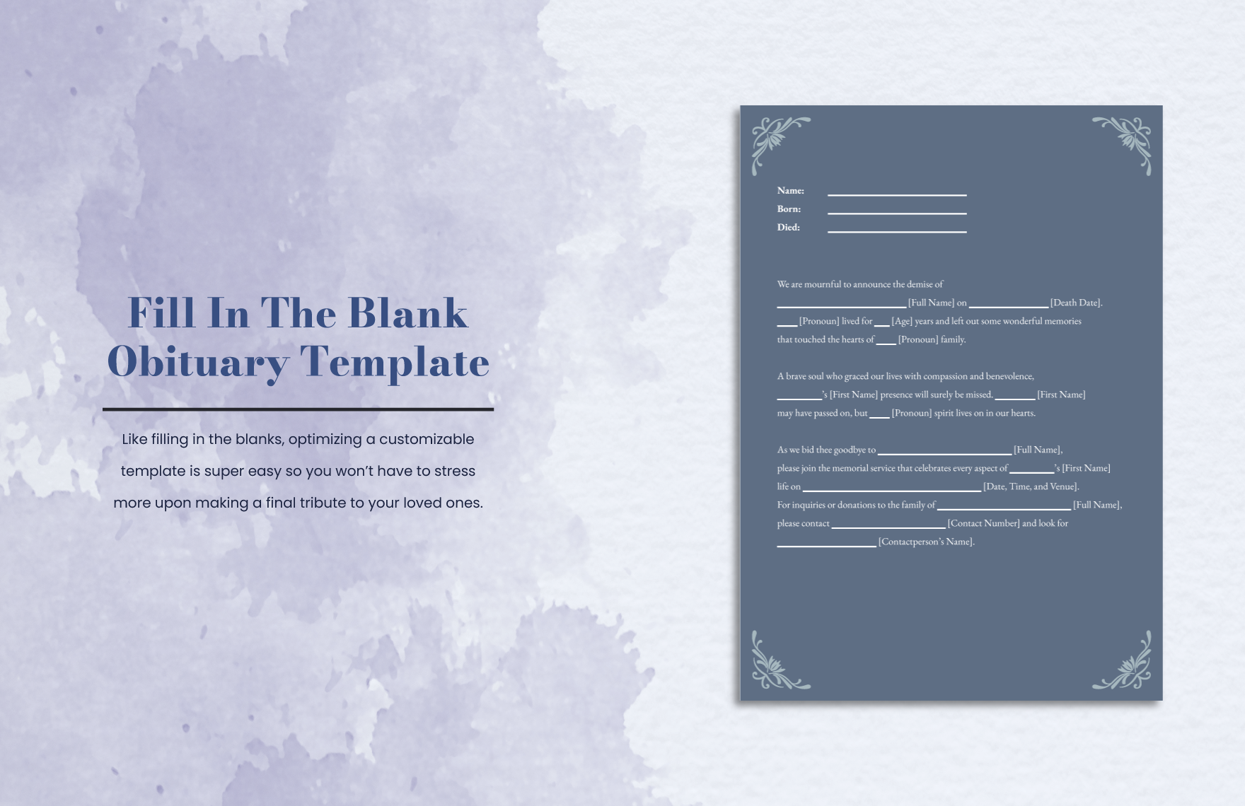 Fill In The Blank Obituary Template In Illustrator Word PSD Download Template