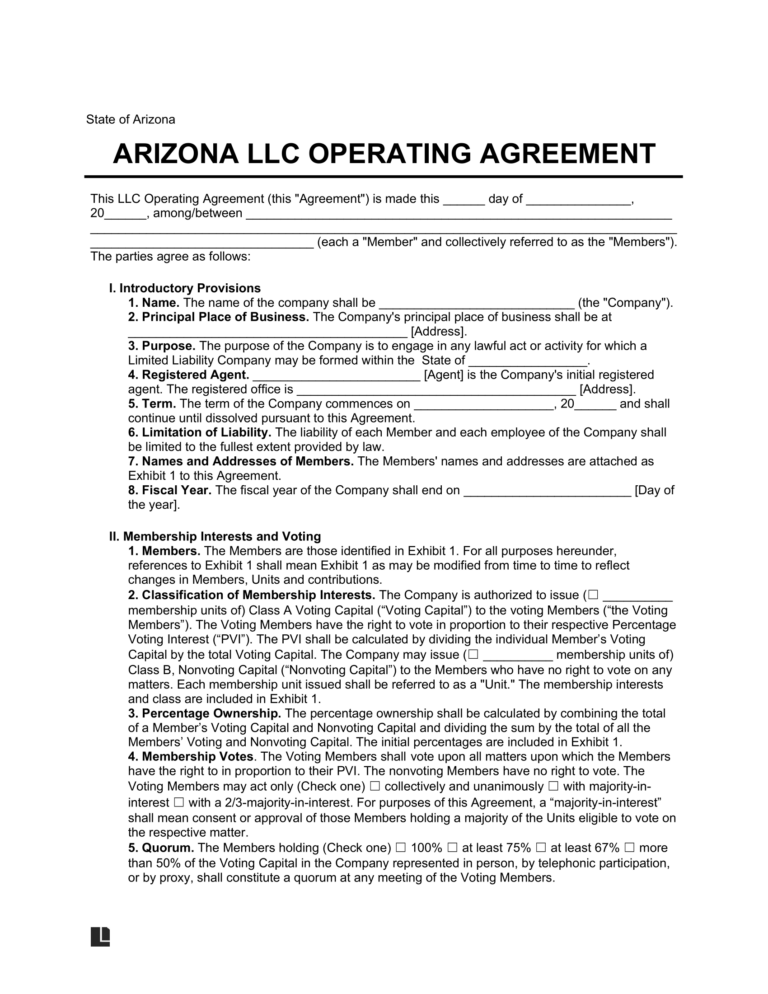 Free Arizona LLC Operating Agreement Template PDF Word