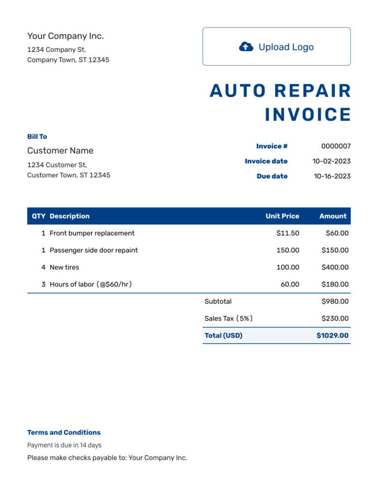 Free Auto Repair Invoice Template Docelf