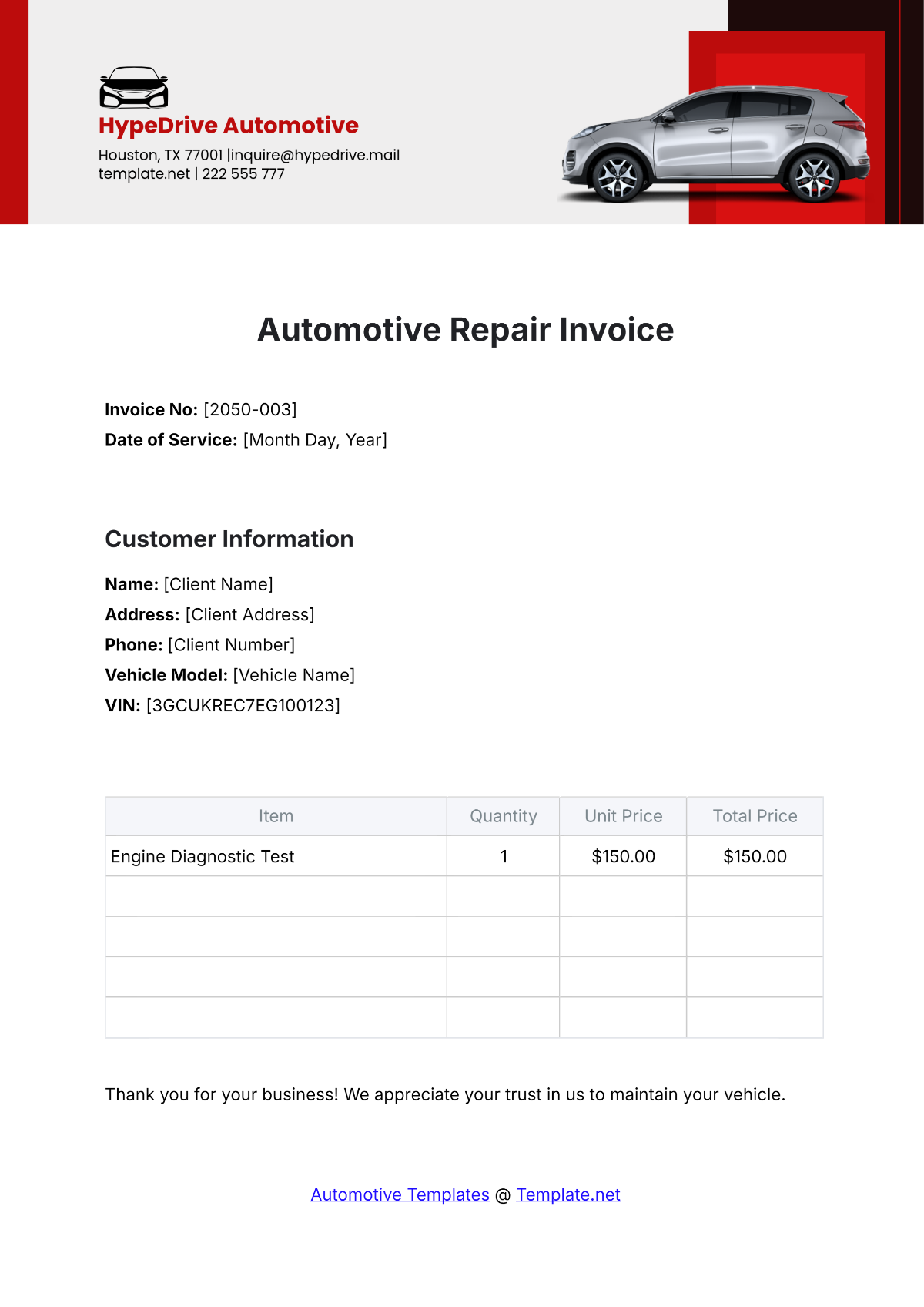 Free Auto Repair Invoice Templates Editable And Printable