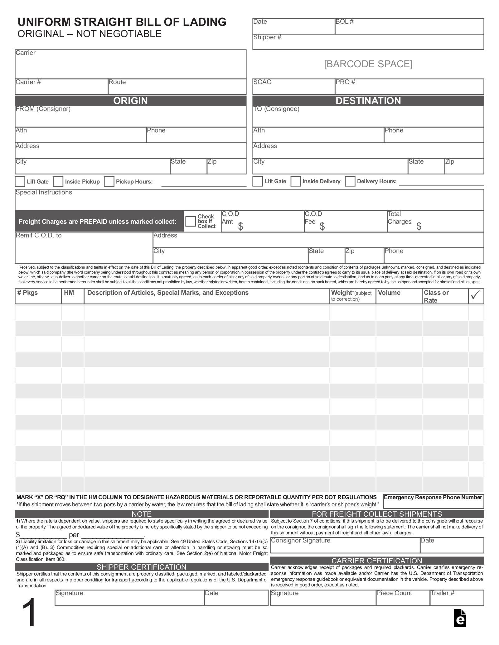Free Bill Of Lading BOL PDF EForms