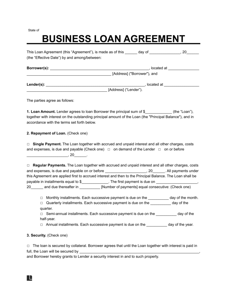 Free Business Loan Agreement Template PDF Word