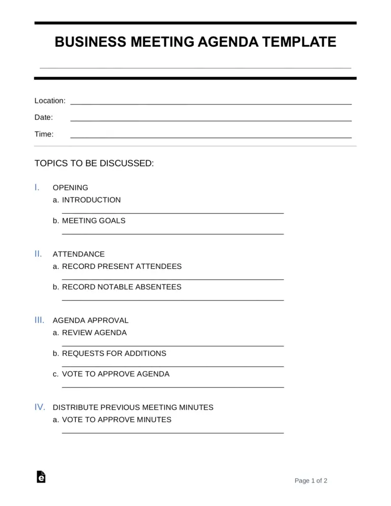 Free Business Meeting Agenda Template PDF Word EForms