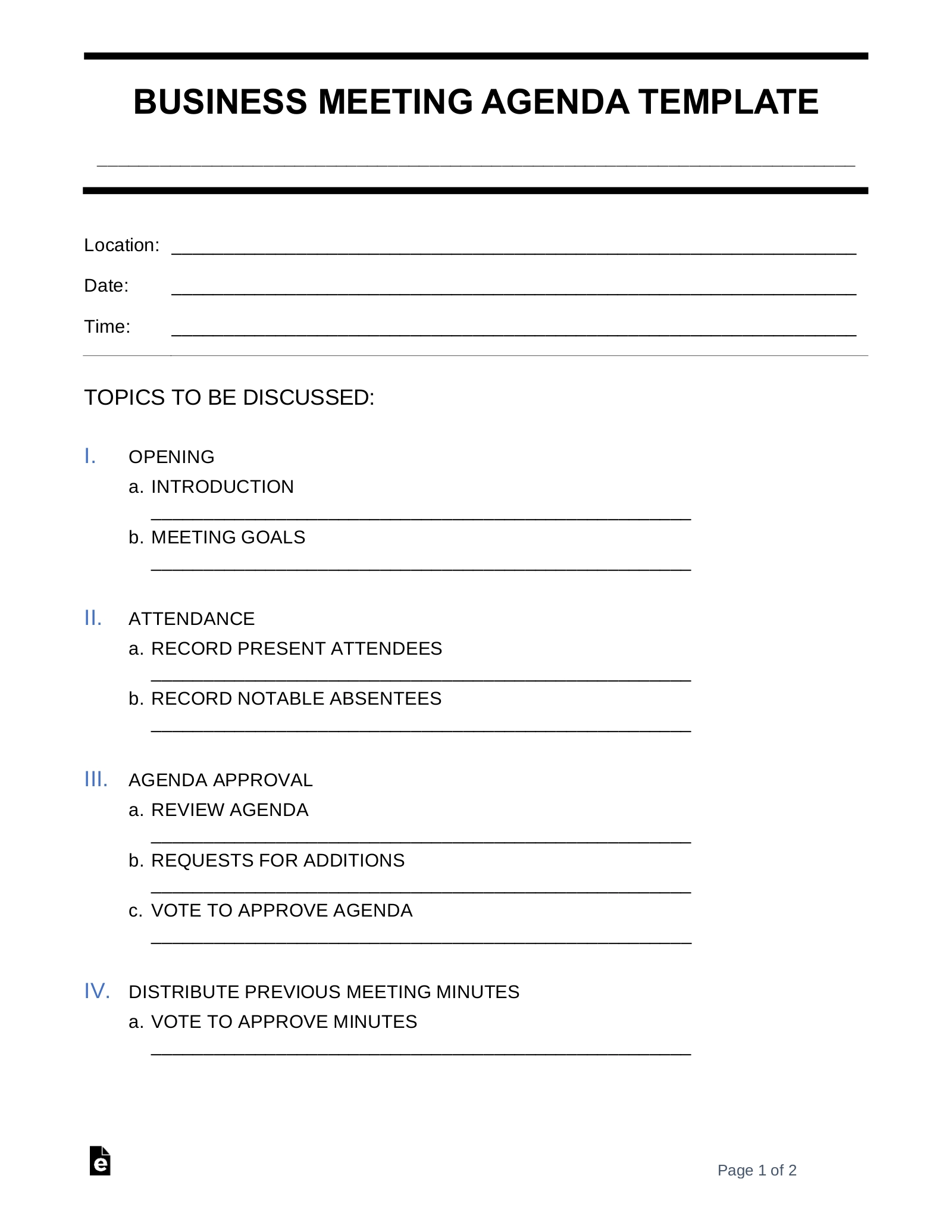 Free Business Meeting Agenda Template PDF Word EForms