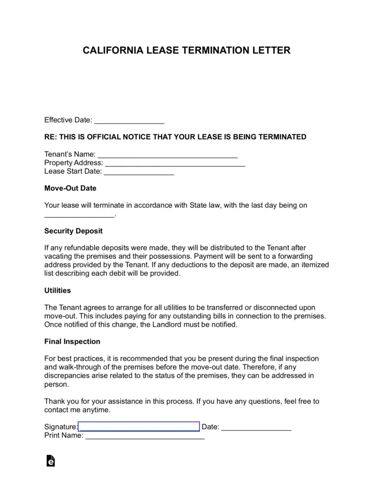 Free California Lease Termination Letter 30 Day Notice PDF Word EForms
