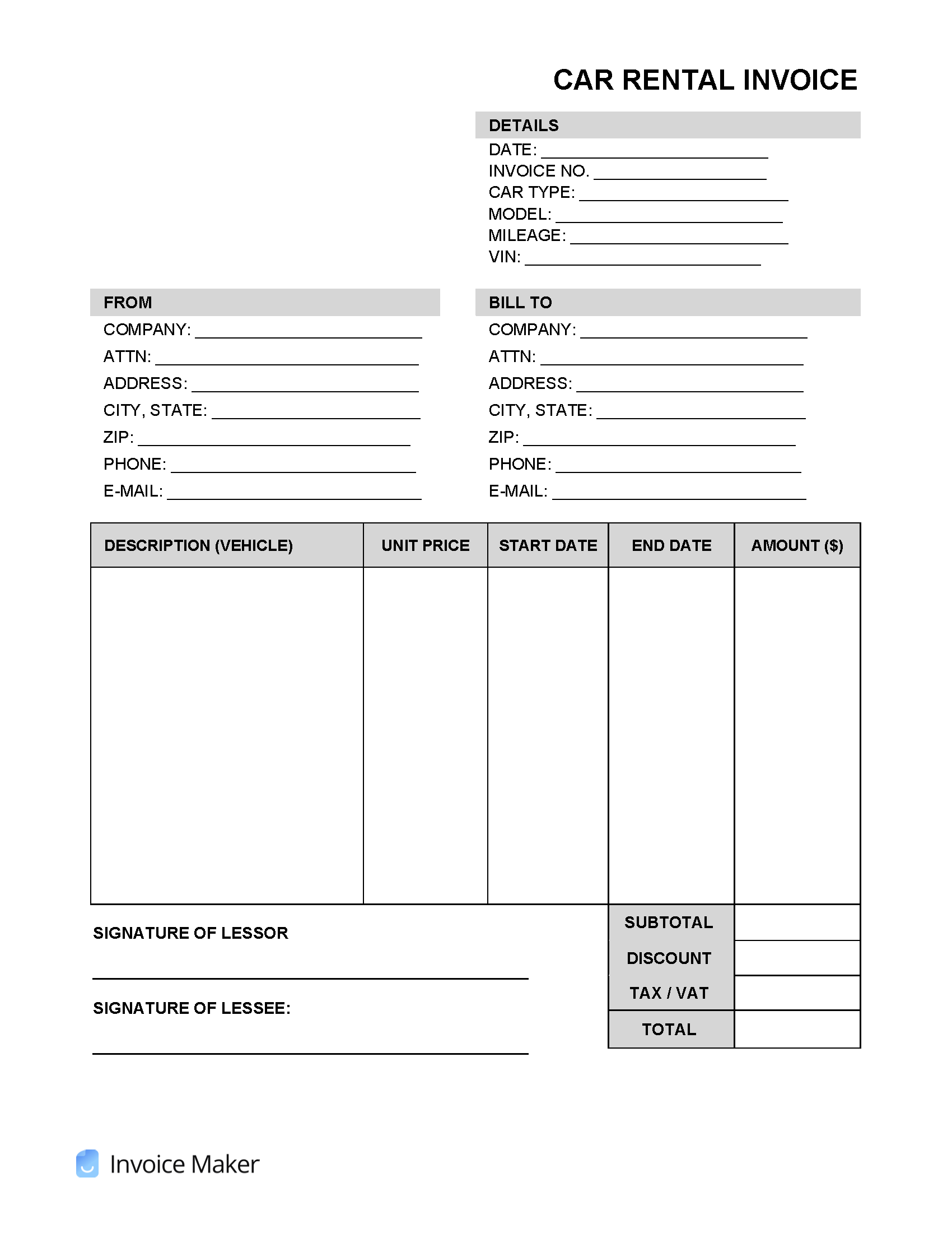 Free Car Rental Invoice Template PDF Word XLS Invoice Maker