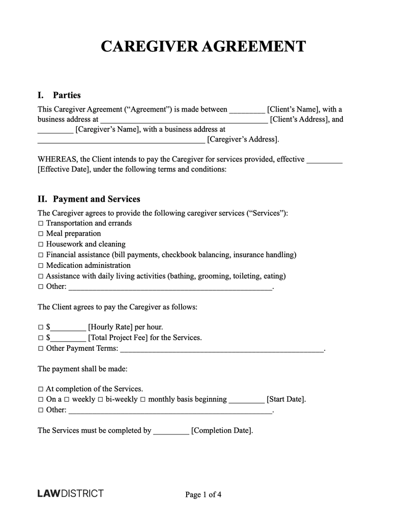 Free Caregiver Agreement Template Lawdistrict