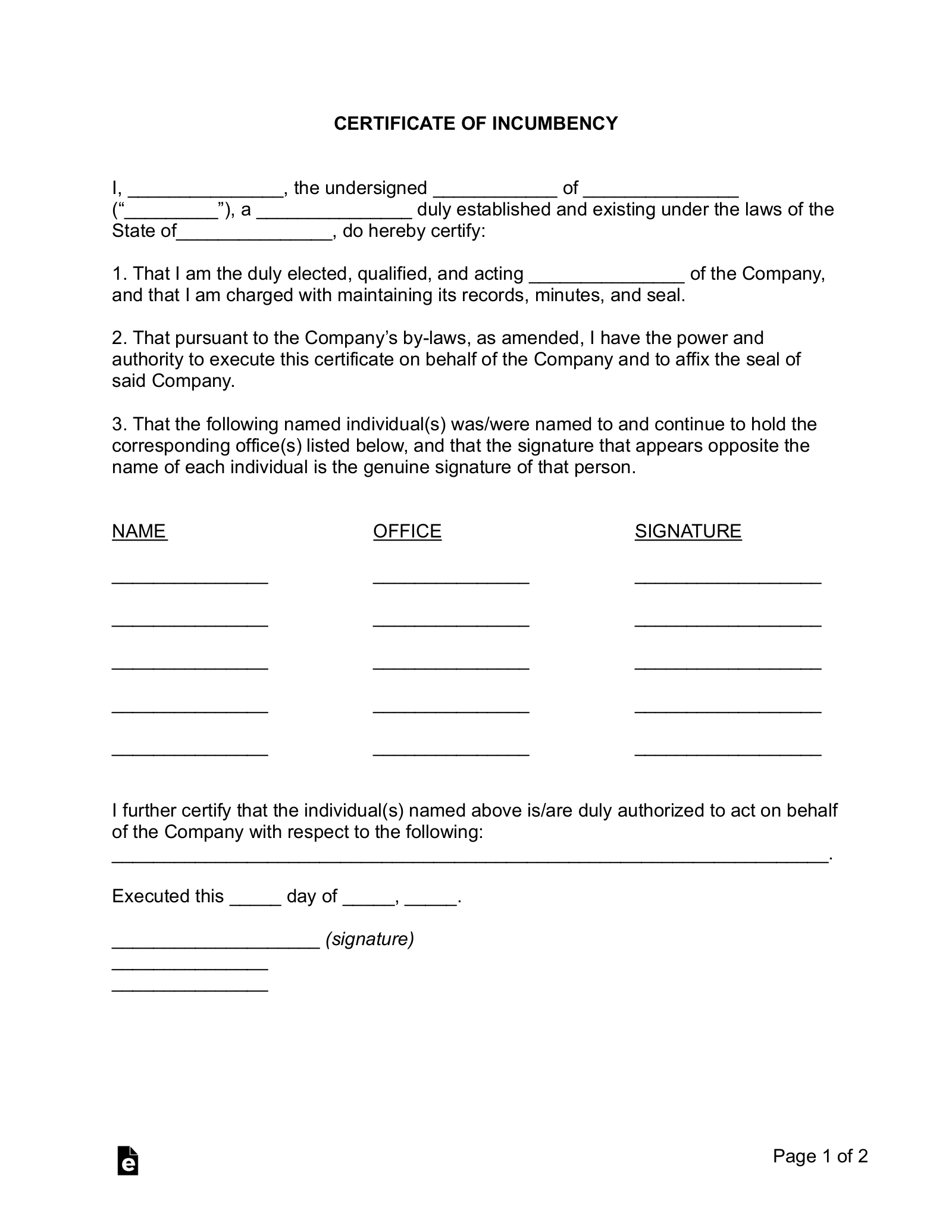 Free Certificate Of Incumbency PDF Word EForms