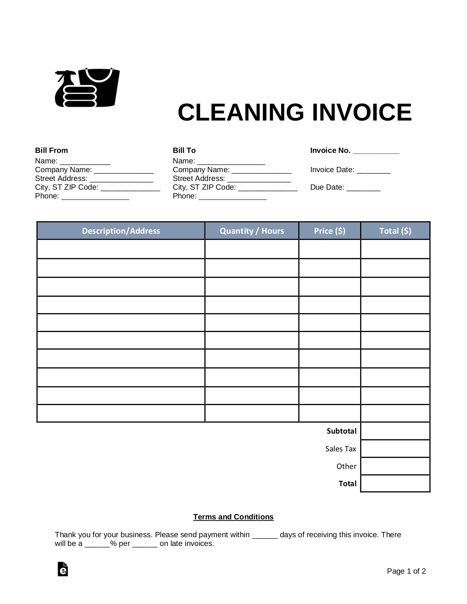Free Cleaning Housekeeping Invoice Template PDF Word EForms