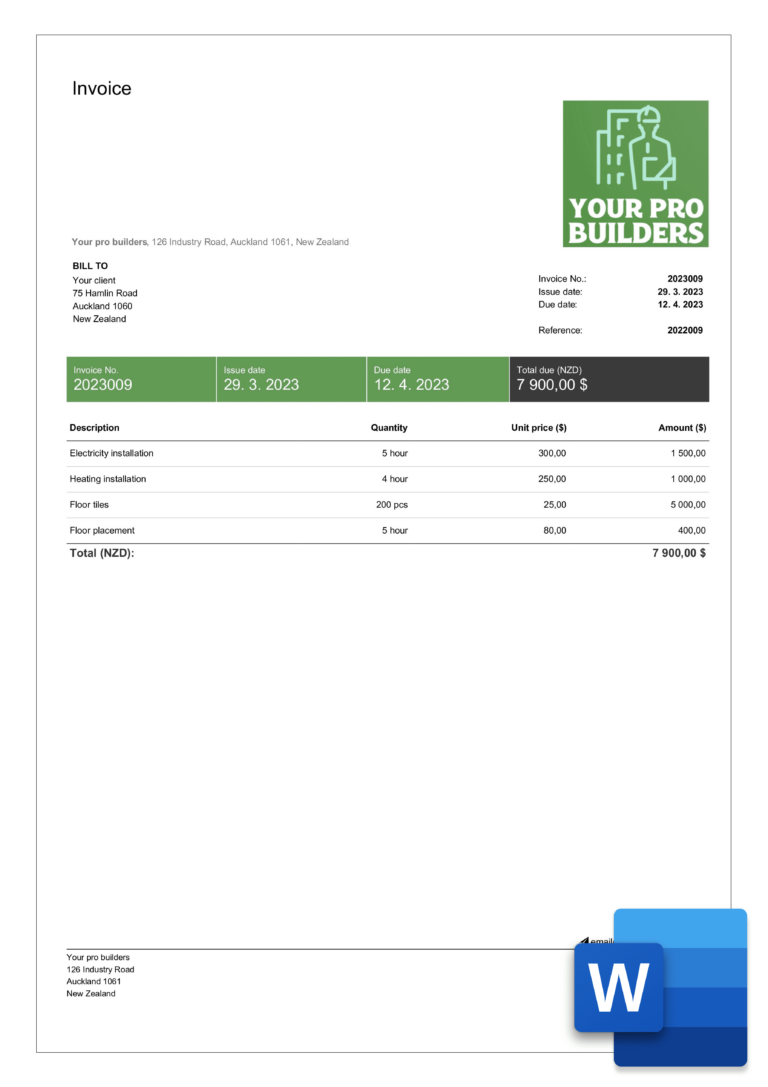 Free Construction Invoice Templates In Word Billdu