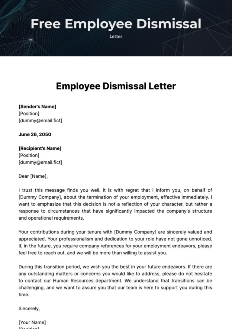 Free Employee Dismissal Letter Template To Edit Online