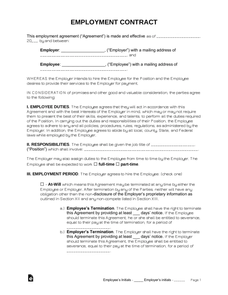 Free Employment Contract Templates 6 PDF Word EForms