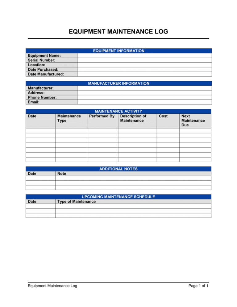Free Equipment Maintenance Log Template Word PDF