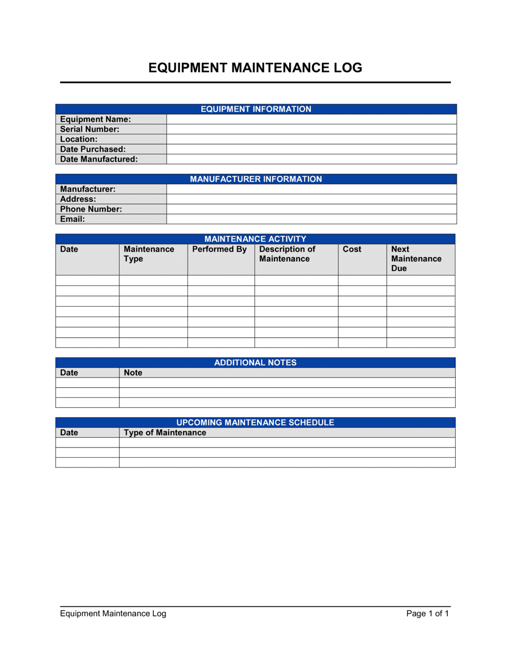 Free Equipment Maintenance Log Template Word PDF