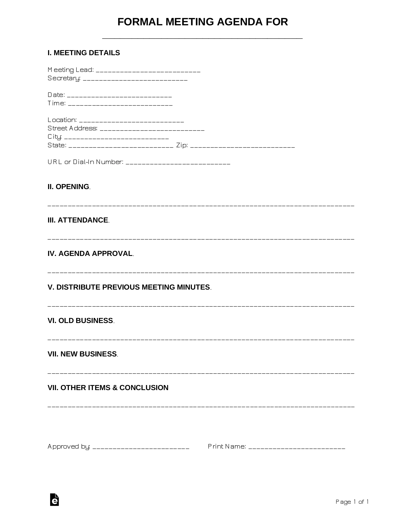 Free Formal Meeting Agenda Template PDF Word EForms