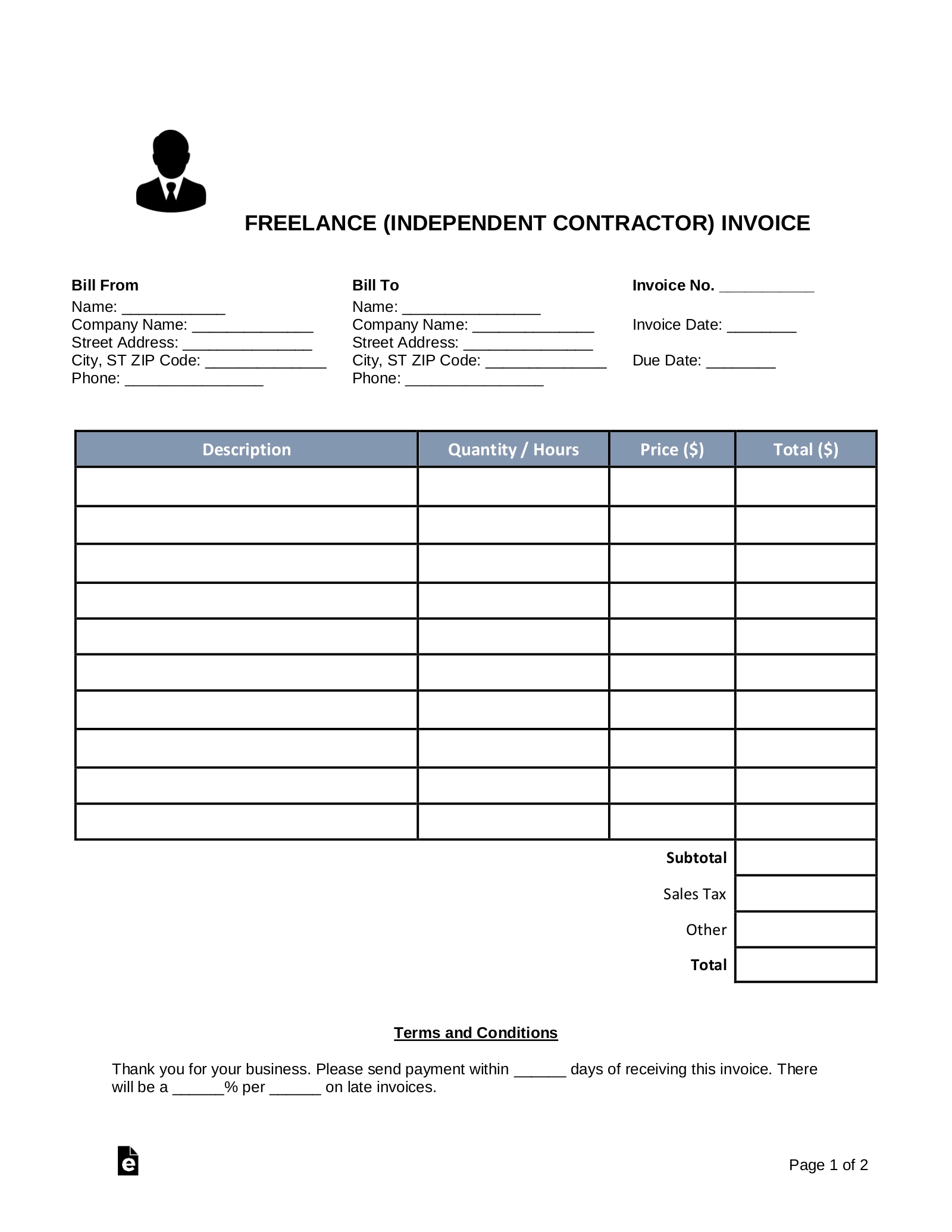 Free Freelance Independent Contractor Invoice Template PDF Word EForms