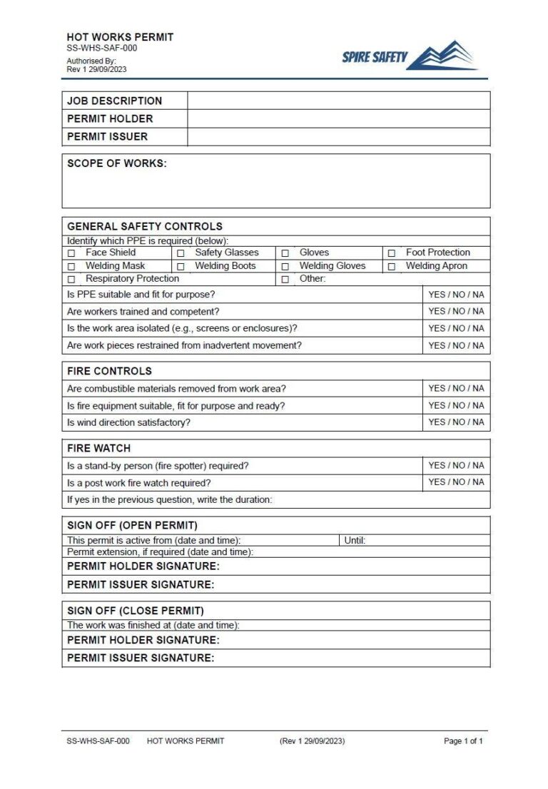 Free Hot Works Permit Template Spire Safety