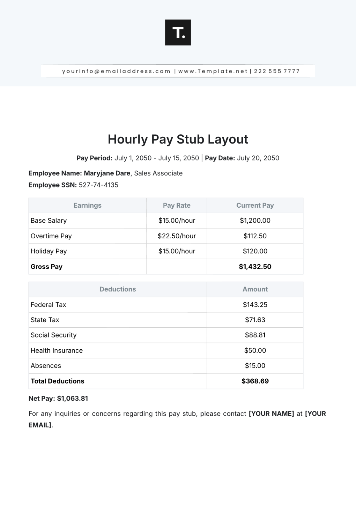 Free Hourly Pay Stub Layout Template To Edit Online