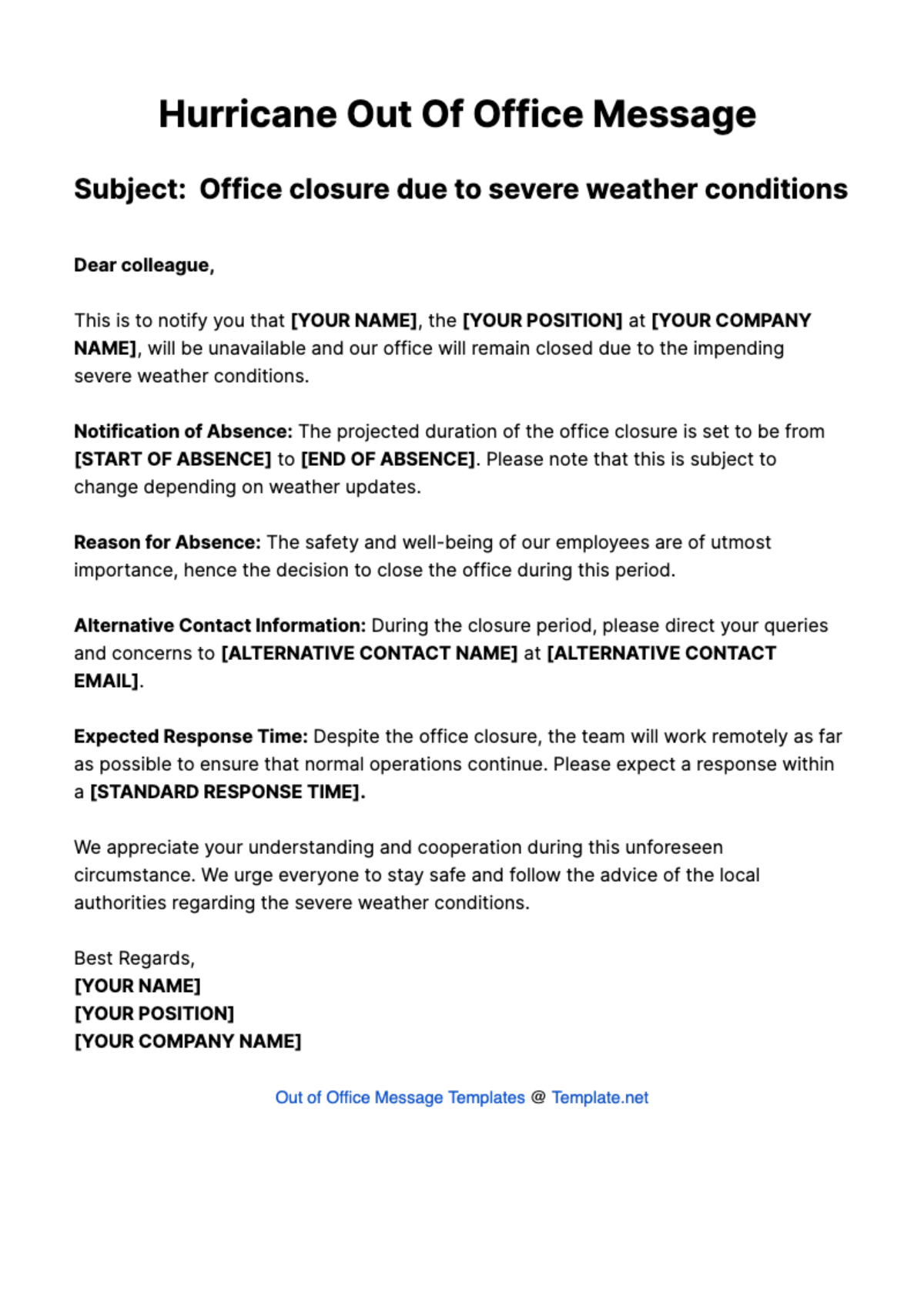 Free Hurricane Out Of Office Message Template To Edit Online